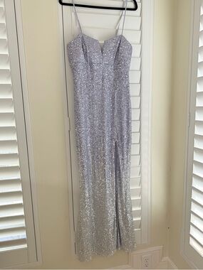 Honey & Rosie Silver Sequin Maxi Dress | Size 11 | Formal Prom Evening Gown Slit